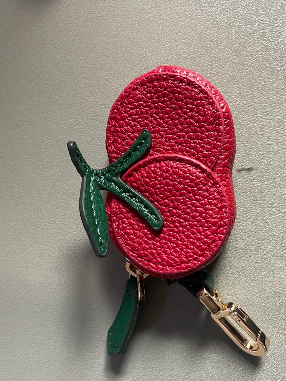 Playful Red Cherry Leather Key & Card Holder with Green Leaf Accent